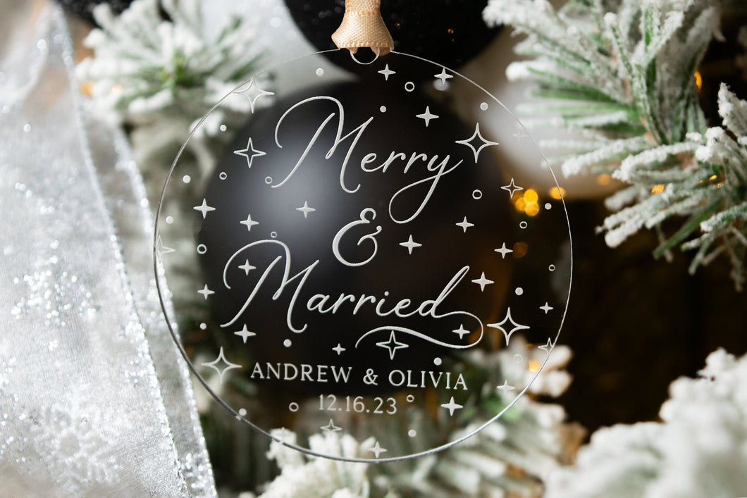 Acrylic Personalized Merry and Married Christmas Ornament with Names and Wedding Date