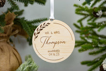 Load image into Gallery viewer, Wooden Mr and Mrs Ornament Last Name Married Christmas Ornament - Elegant Wreath Design
