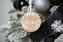 Load image into Gallery viewer, Wooden Mr and Mrs Last Name Married Ornament with Date and Eucalyptus Frame
