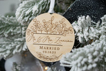 Load image into Gallery viewer, Wooden Mr and Mrs Last Name Married Ornament with Date and Eucalyptus Frame
