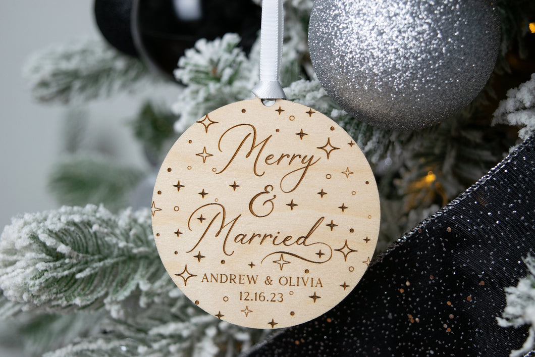 Wood Starry Merry and Married Ornament - Personalized Wedding Gift