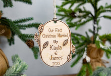 Load image into Gallery viewer, Wooden Our First Christmas Married Ornament with Names and Year - Leaf and Twig Shaped
