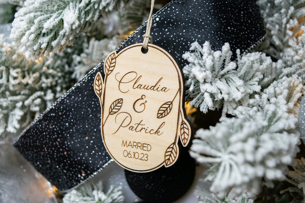 Wooden Personalized Married Christmas Ornament - Leaf and Twig Shaped