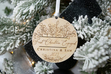 Load image into Gallery viewer, Wooden Personalized First Christmas Engaged Ornament - Eucalyptus Design
